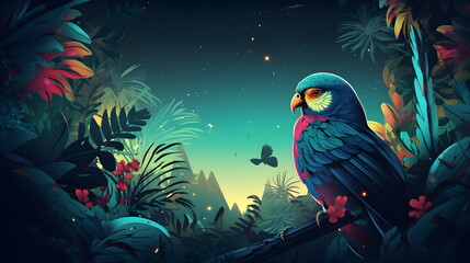 Poster - Colorful bird sitting on branch in forest at night with butterflies. Generative AI.