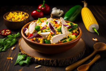 Canvas Print - Wooden bowl filled with salad on top of wooden cutting board. Generative AI.