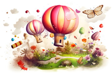 Sticker - Image of hot air balloon flying over field with flowers and butterflies. Generative AI.