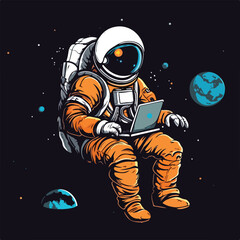 Wall Mural - Astronaut in spacesuit working using laptop computer vintage badge logo vector illustration for t shirt and poster design