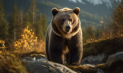 sunset photo of grizzly bear in its natural habitat. generative ai