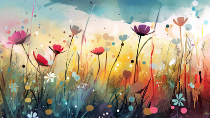 Wall Mural - Colorful flower illustration, Abstract meadow - Generative AI - AI generated