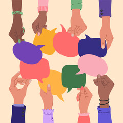 Human hands holding speech bubbles, people exchange ideas. Team cooperation and communication concept. Hand drawn color vector illustration isolated on light background. Modern flat cartoon style.