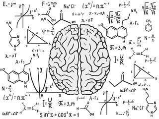 Human brain and formulas. Analytic concept. Illustration on transparent background