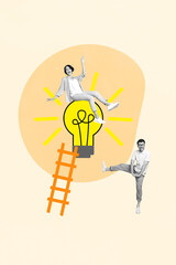 Poster - Vertical sketch collage of two young colleagues teamwork bright shine lightbulb decision invention idea ladder isolated on beige background