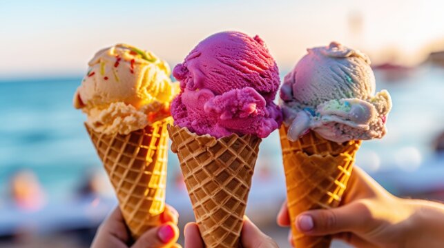 hand with ice cream and summer beach background, generative ai