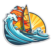 Drawing Of Windsurfing On A Rough Sea With The Sunset In The Background.. Extreme Water Sport Activity On Summertime Vacation. Cartoon Vector Illustration, Label, Sticker