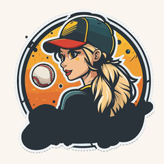 Wall Mural - Young girl with a ponytail hitting a baseball off of a tee stand with a bat. cartoon vector illustration, white background, label, sticker