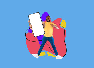 Poster - Online Offer. Black Cheerful Man Pointing At Big Blank Smartphone In Hand