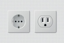 Set of realistic white power plug sockets type B and type C. Vector illustration isolated on transparent background.