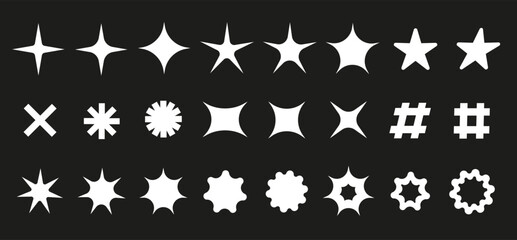 Set of trendy black and white Y2K stars and other symbols, vector design elements in retro 2000s aesthetic.