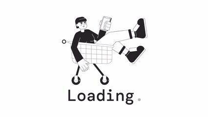 Poster - Animated bw internet shopper loader. Girl in cart purchasing with phone. Flash message 4K video footage. Isolated monochrome loading animation with alpha channel transparency for UI, UX web design