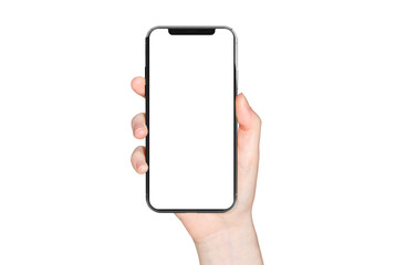 Aufkleber - Isolated modern smartphone in woman hand. Cut out mobile phone with transparent screen and background