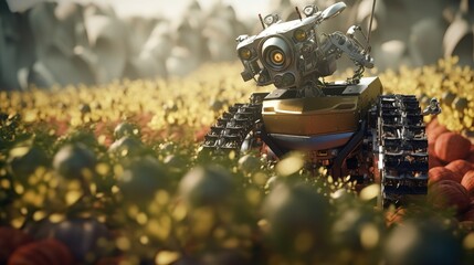 Poster - Smart robotic farmers concept, robot farmers. Futuristic technologies of the future. Generative AI