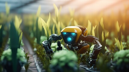 Poster - Smart robotic farmers concept, robot farmers. Futuristic technologies of the future. Generative AI