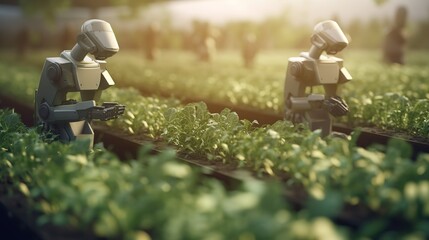 Poster - Smart robotic farmers concept, robot farmers. Futuristic technologies of the future. Generative AI