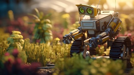 Poster - Smart robotic farmers concept, robot farmers. Futuristic technologies of the future. Generative AI