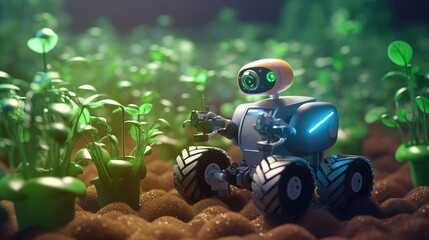 Poster - Smart robotic farmers concept, robot farmers. Futuristic technologies of the future. Generative AI