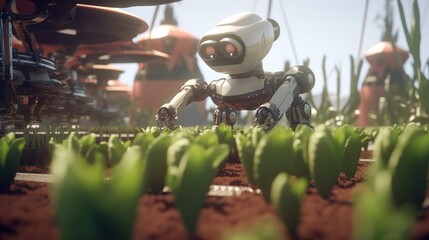 Poster - Smart robotic farmers concept, robot farmers. Futuristic technologies of the future. Generative AI