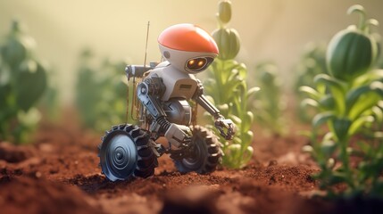 Poster - Smart robotic farmers concept, robot farmers. Futuristic technologies of the future. Generative AI
