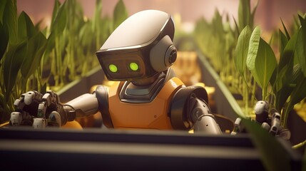 Poster - Smart robotic farmers concept, robot farmers. Futuristic technologies of the future. Generative AI