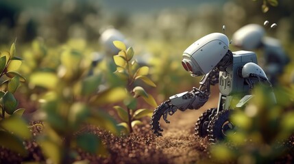 Poster - Smart robotic farmers concept, robot farmers. Futuristic technologies of the future. Generative AI