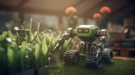Poster - Smart robotic farmers concept, robot farmers. Futuristic technologies of the future. Generative AI