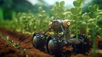 Poster - Smart robotic farmers concept, robot farmers. Futuristic technologies of the future. Generative AI