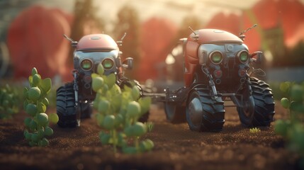 Poster - Smart robotic farmers concept, robot farmers. Futuristic technologies of the future. Generative AI