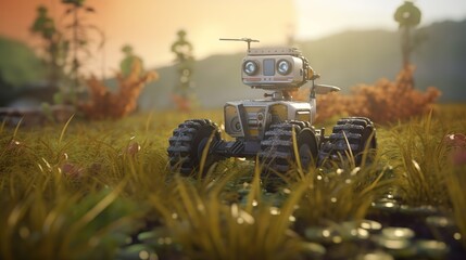 Poster - Smart robotic farmers concept, robot farmers. Futuristic technologies of the future. Generative AI