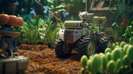 Poster - Smart robotic farmers concept, robot farmers. Futuristic technologies of the future. Generative AI