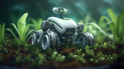 Poster - Smart robotic farmers concept, robot farmers. Futuristic technologies of the future. Generative AI