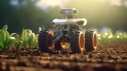 Poster - Smart robotic farmers concept, robot farmers. Futuristic technologies of the future. Generative AI