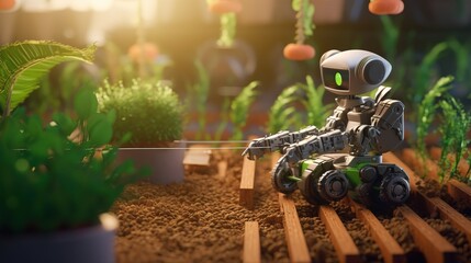 Poster - Smart robotic farmers concept, robot farmers. Futuristic technologies of the future. Generative AI
