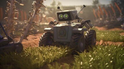Poster - Smart robotic farmers concept, robot farmers. Futuristic technologies of the future. Generative AI