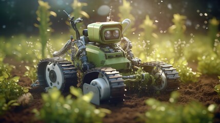 Poster - Smart robotic farmers concept, robot farmers. Futuristic technologies of the future. Generative AI