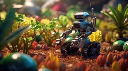 Poster - Smart robotic farmers concept, robot farmers. Futuristic technologies of the future. Generative AI