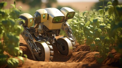 Poster - Smart robotic farmers concept, robot farmers. Futuristic technologies of the future. Generative AI