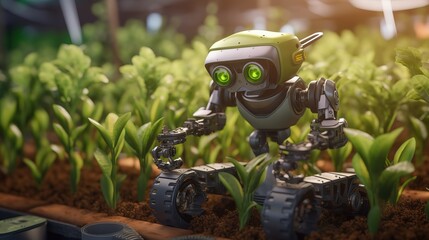 Poster - Smart robotic farmers concept, robot farmers. Futuristic technologies of the future. Generative AI