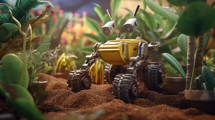 Poster - Smart robotic farmers concept, robot farmers. Futuristic technologies of the future. Generative AI