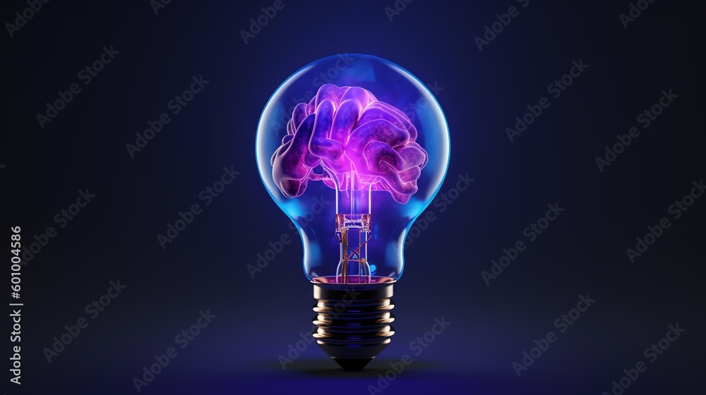 Abstract blue glowing light bulb with violet brains inside.Low-poly ...