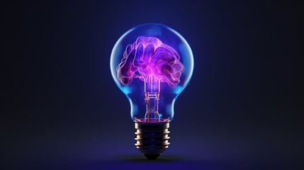 Fototapete - Abstract blue glowing light bulb with violet brains inside.Low-poly style. Abstract neon frame style. Generative AI
