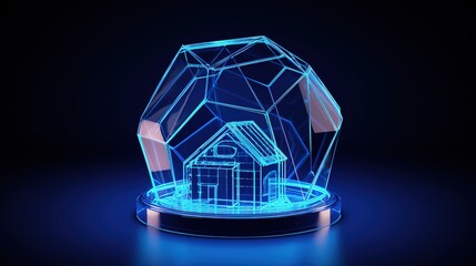 Aufkleber - abstract house icon in blue glass dome. low-poly style. abstract neon frame style. generative ai