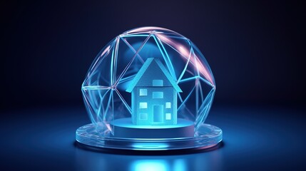 Aufkleber - abstract house icon in blue glass dome. low-poly style. abstract neon frame style. generative ai