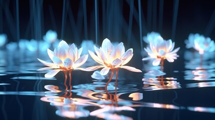 Aufkleber - Digital flowers on the water. Abstract neon frame style. Generative AI