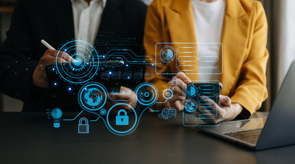 Wall Mural - cyber security data protection business working on compute intelligenc digital tablet global network