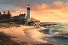 Watercolor Landscape Painting Of A Beach Scene With A Lighthouse In The Background