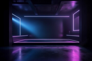 Wall Mural - template space room neon abstract light smoke rays blue background fog. Generative AI.