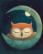 Illustration Of A Baby Owl Sleeping In A Crescent Moon. Generative AI