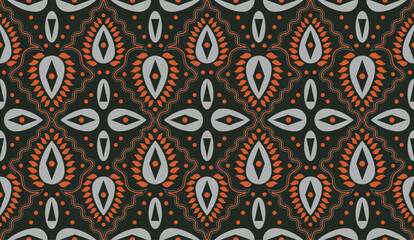 Poster - ethnic geometric and floral patern. vector illustration with horizontal layout. combination orange and silver on dark green background. abstract seamless vector pattern with leaf and circle shape.